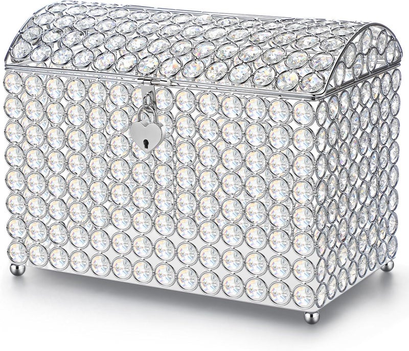 Nitial Crystal Wedding Card Box with Heart Lock 11in Wedding Money Box Treasure Chest Silver Bead Card Receiving Memory Storage for Reception Brithday Graduation Baby Shower Party (Elegant Style) - Image 1