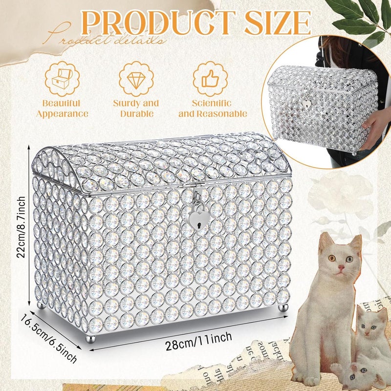 Nitial Crystal Wedding Card Box with Heart Lock 11in Wedding Money Box Treasure Chest Silver Bead Card Receiving Memory Storage for Reception Brithday Graduation Baby Shower Party (Elegant Style) - Image 2