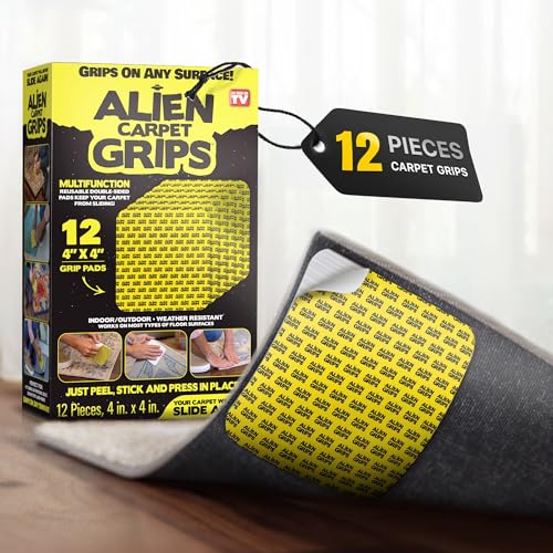 ALIEN TAPE Alien Grip Rug Gripper Carpet Tape - 12pcs, 4x4 in. Anti-Slip Hardwood, Tile Floor, No Damage - Double Sided Reusable, Non Slip Corner Rug Pads - As Seen on TV - Image 1