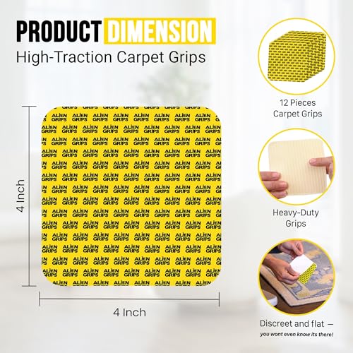ALIEN TAPE Alien Grip Rug Gripper Carpet Tape - 12pcs, 4x4 in. Anti-Slip Hardwood, Tile Floor, No Damage - Double Sided Reusable, Non Slip Corner Rug Pads - As Seen on TV - Image 4