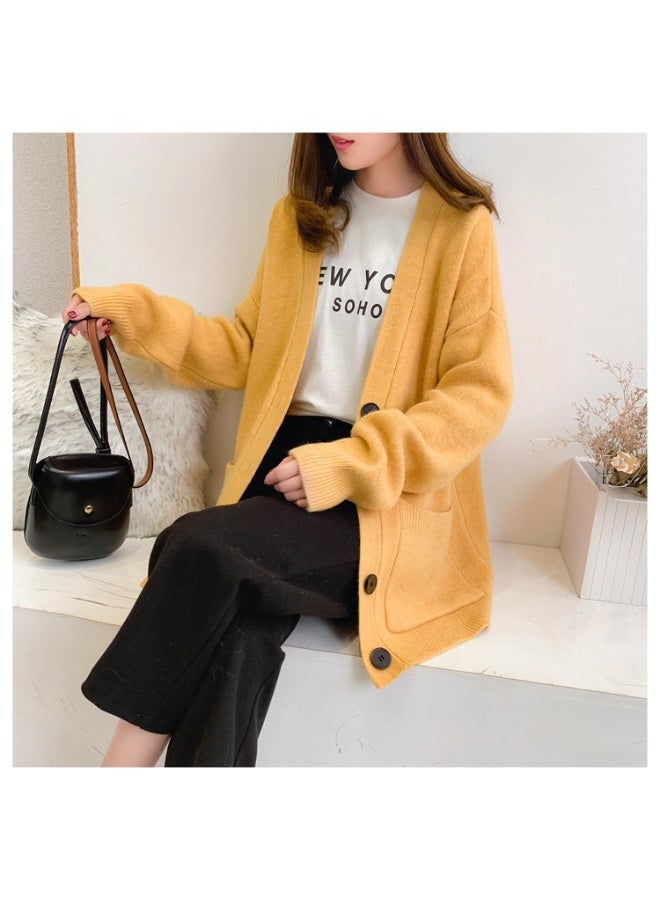 NIBEMINENT Knitted Sweater Women V Neck Long Sleeve Solid Color Cardigan Vintage Casual Loose Tops Fashion  Basic Tops - Image 1