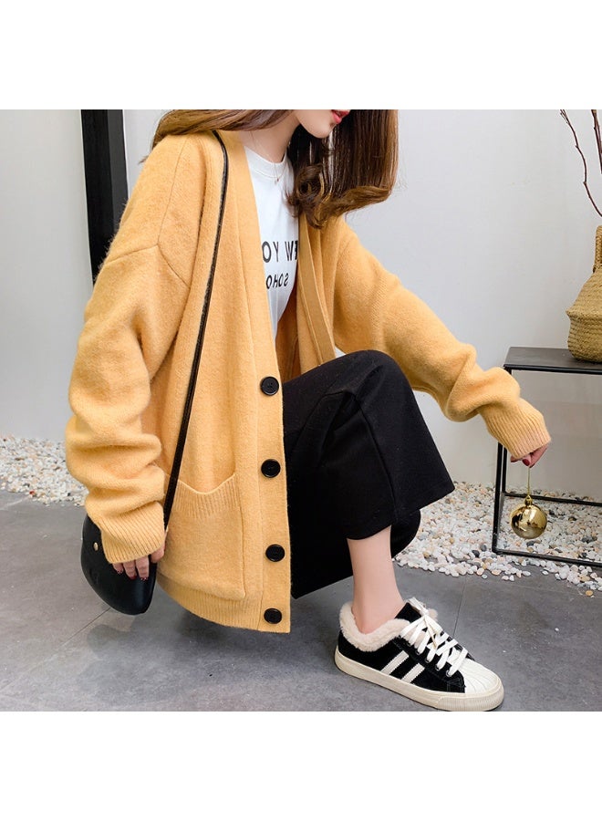 NIBEMINENT Knitted Sweater Women V Neck Long Sleeve Solid Color Cardigan Vintage Casual Loose Tops Fashion  Basic Tops - Image 3