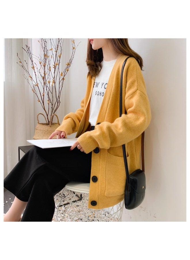 NIBEMINENT Knitted Sweater Women V Neck Long Sleeve Solid Color Cardigan Vintage Casual Loose Tops Fashion  Basic Tops - Image 2