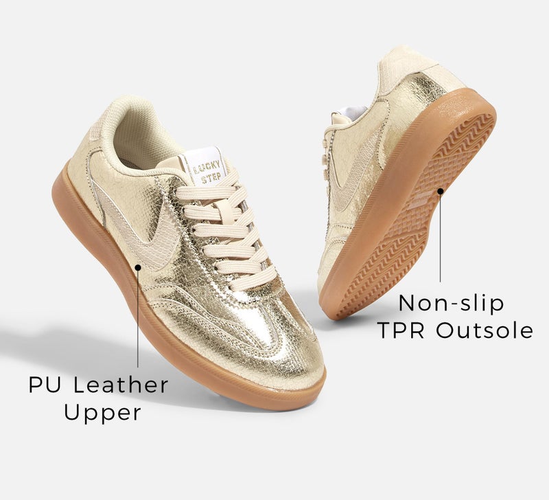 LUCKY STEP Women's Classic Fashion Casual Sneakers Skate Shoes No Slip Lace Up Walking Shoes(8 M US Gold) - Image 4