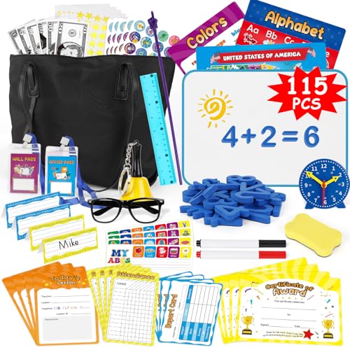 Edulok 115 PCS Pretend Play Teacher Set for Kids with Magnetic Numbers Bell Money Games Alphabet Posters USA Maps Learning Education Toys Kindergarten Classroom School Supplies Toys Playset Kit - Image 1