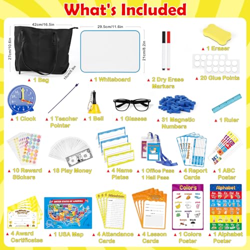 Edulok 115 PCS Pretend Play Teacher Set for Kids with Magnetic Numbers Bell Money Games Alphabet Posters USA Maps Learning Education Toys Kindergarten Classroom School Supplies Toys Playset Kit - Image 5