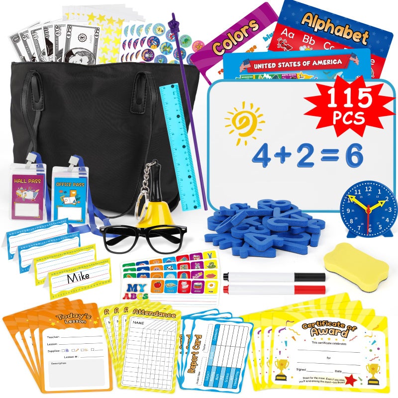 Edulok 115 PCS Pretend Play Teacher Set for Kids with Magnetic Numbers Bell Money Games Alphabet Posters USA Maps Learning Education Toys Kindergarten Classroom School Supplies Toys Playset Kit - Image 3