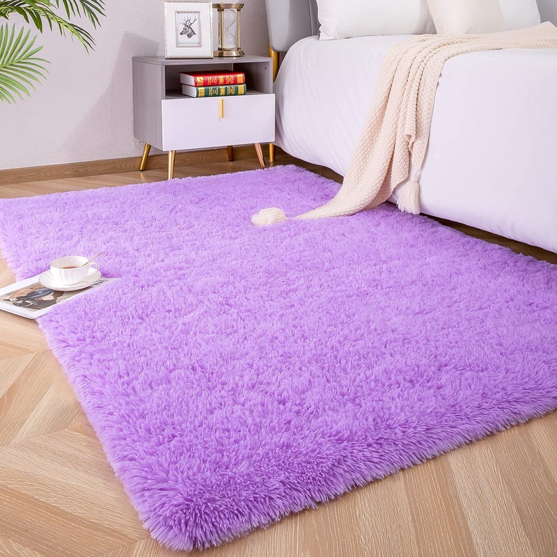 Foxmas Soft Fluffy Area Rug for Bedroom Kids Room Plush Shaggy Nursery Furry Throw Carpet for Boys Girls College Dorm Fuzzy Rug Living Room Home Decorate 4ft x 6ft Purple
