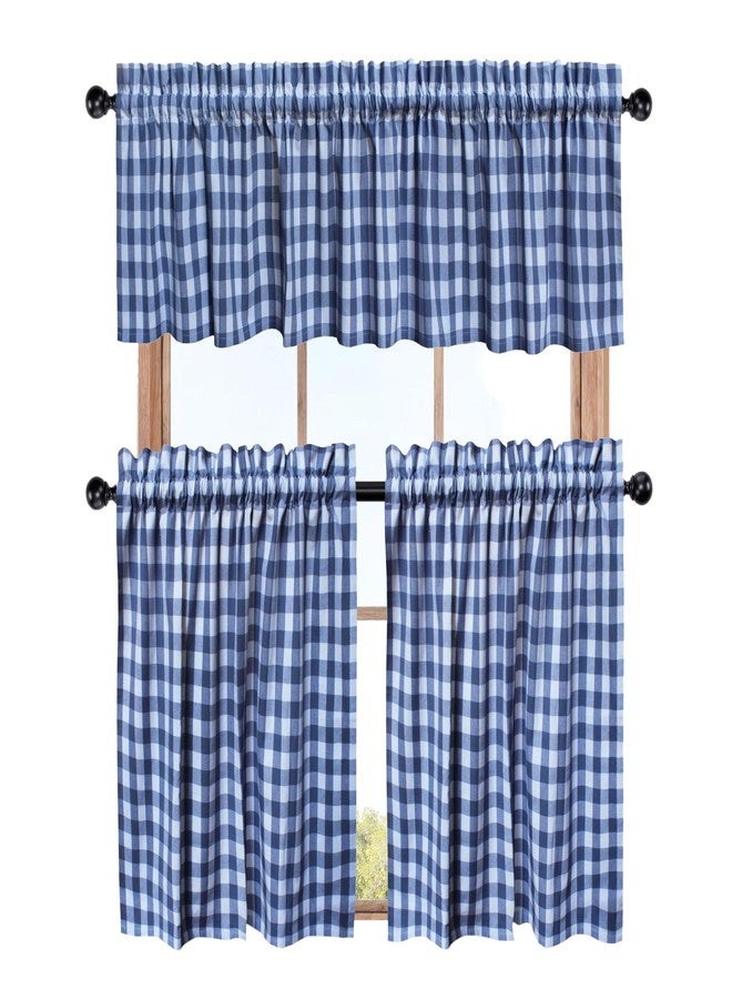 قطن كرافت ستائر مقهى من كوتون كرافت - ستائر نوافذ متعددة الطبقات - طقم من 3 قطع بنقشة مربعات زرقاء وبيضاء مع ستارة علوية - 100% قطن، طقم ستائر للمطبخ، غرفة النوم، بنمط ريفي ريفي، غرفة الغسيل - Image 1
