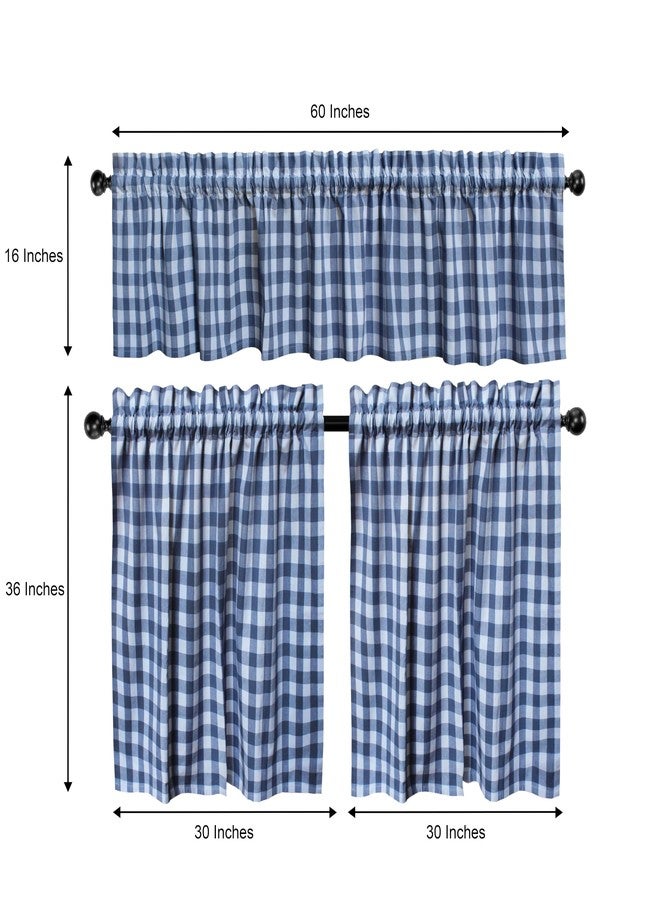 قطن كرافت ستائر مقهى من كوتون كرافت - ستائر نوافذ متعددة الطبقات - طقم من 3 قطع بنقشة مربعات زرقاء وبيضاء مع ستارة علوية - 100% قطن، طقم ستائر للمطبخ، غرفة النوم، بنمط ريفي ريفي، غرفة الغسيل - Image 3