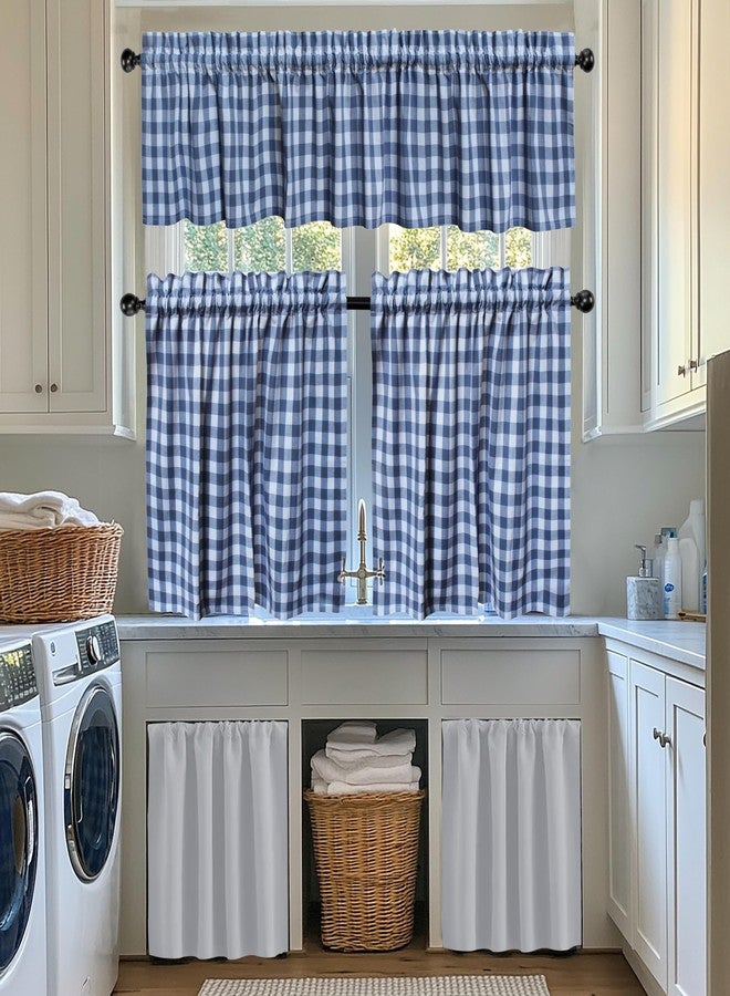 قطن كرافت ستائر مقهى من كوتون كرافت - ستائر نوافذ متعددة الطبقات - طقم من 3 قطع بنقشة مربعات زرقاء وبيضاء مع ستارة علوية - 100% قطن، طقم ستائر للمطبخ، غرفة النوم، بنمط ريفي ريفي، غرفة الغسيل - Image 4