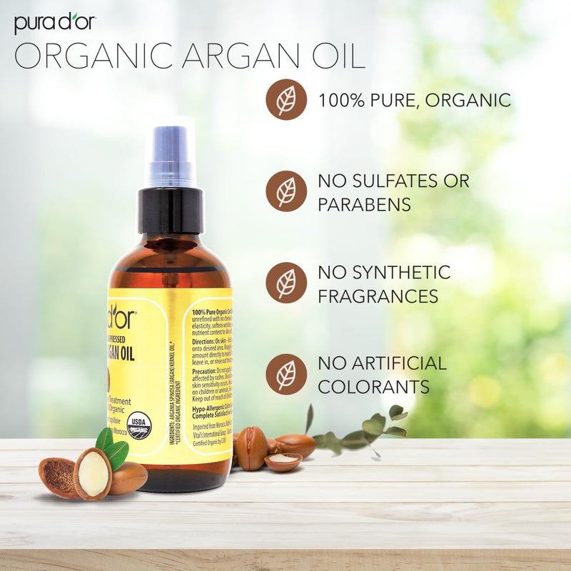 PURA D'OR 4 Oz Organic Moroccan Argan Oil â€“ 100% Pure Cold-Pressed Virgin Grade â€“ Lightweight Moisturizer for Skin, Face, Body & Hair â€“ Helps Dry Skin, Scalp Care, Split Ends, Nails & Cuticles - Image 3