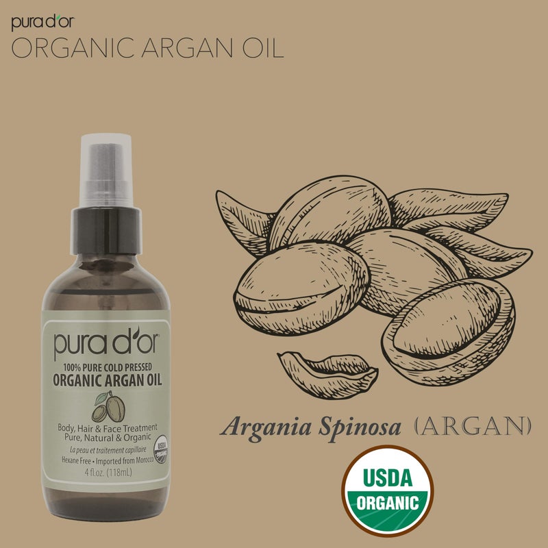 PURA D'OR 4 Oz Organic Moroccan Argan Oil â€“ 100% Pure Cold-Pressed Virgin Grade â€“ Lightweight Moisturizer for Skin, Face, Body & Hair â€“ Helps Dry Skin, Scalp Care, Split Ends, Nails & Cuticles - Image 4
