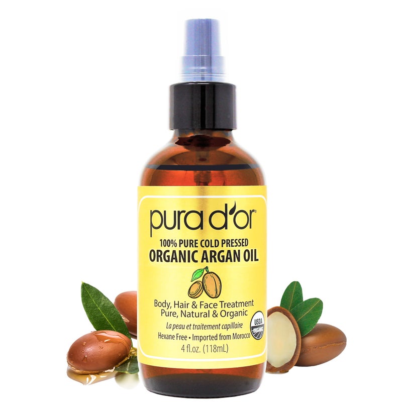 PURA D'OR 4 Oz Organic Moroccan Argan Oil â€“ 100% Pure Cold-Pressed Virgin Grade â€“ Lightweight Moisturizer for Skin, Face, Body & Hair â€“ Helps Dry Skin, Scalp Care, Split Ends, Nails & Cuticles - Image 1