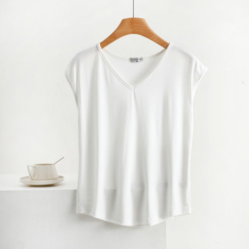 Summer Thin Modal Sleeveless T-Shirt Women's V Neck Small Sleeve Top Loose Large Size Vest Casual Pure Color Bottoming Shirt - Image 1