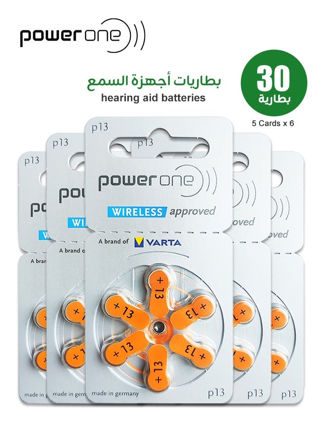 باور ون بطاريات P13 للمعينات السمعية، خالية من الزئبق، 30 بطارية (5 شرائط × 6 بطاريات) - Image 1