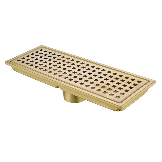 LINEAR SHOWER FLOOR DRAIN WITH REMOVABLE COVER GRID GRATE 12 INCH LONG RECTANGLE SUS 304 STAINLESS STEEL BRUSHED GOLD BRASS FINISHED