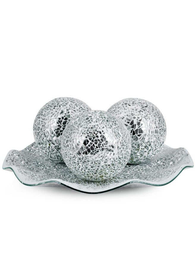 MDLUU Centerpiece Bowl and Balls Set, Mosaic Tray with 3 Pieces Spheres, 12" Decorative Plate with 4" Mosaic Orbs for Home Decor, Gift (Silver) - Image 1