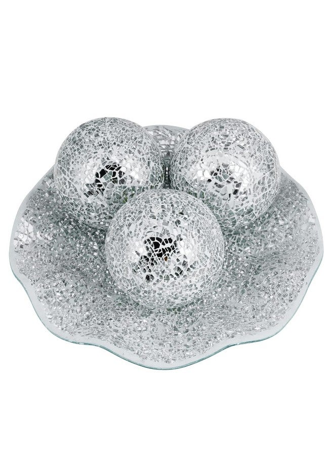 MDLUU Centerpiece Bowl and Balls Set, Mosaic Tray with 3 Pieces Spheres, 12" Decorative Plate with 4" Mosaic Orbs for Home Decor, Gift (Silver) - Image 2