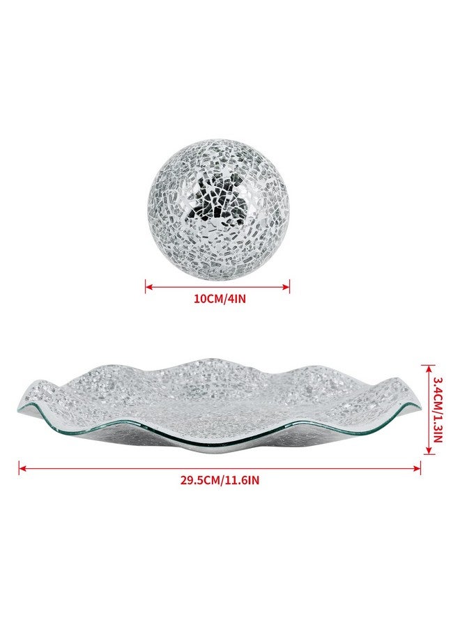 MDLUU Centerpiece Bowl and Balls Set, Mosaic Tray with 3 Pieces Spheres, 12" Decorative Plate with 4" Mosaic Orbs for Home Decor, Gift (Silver) - Image 3