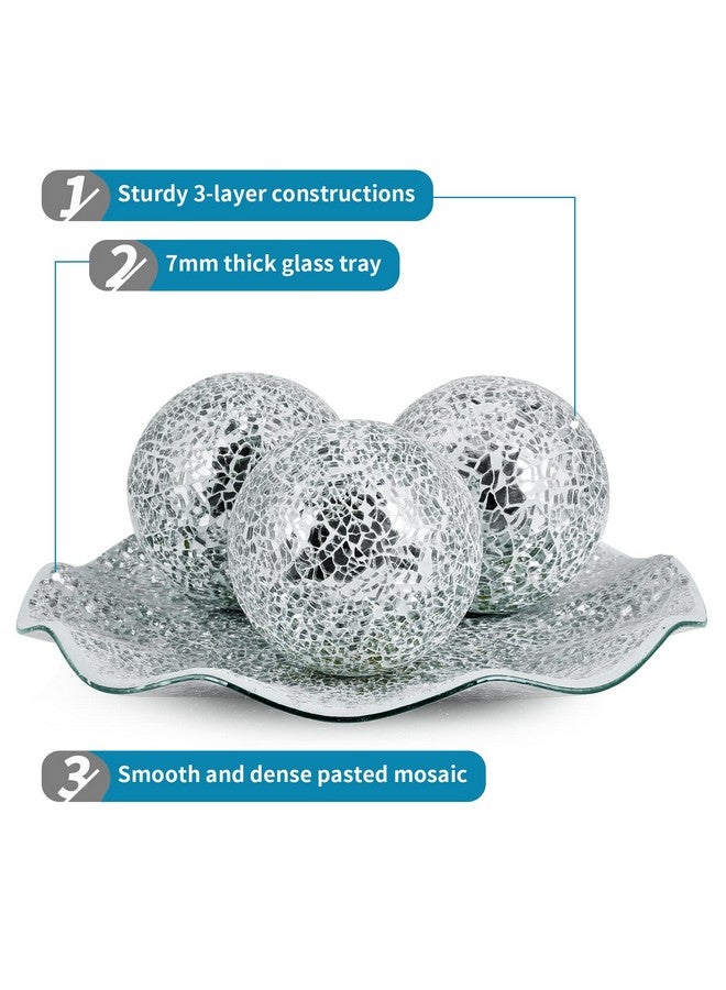 MDLUU Centerpiece Bowl and Balls Set, Mosaic Tray with 3 Pieces Spheres, 12" Decorative Plate with 4" Mosaic Orbs for Home Decor, Gift (Silver) - Image 4
