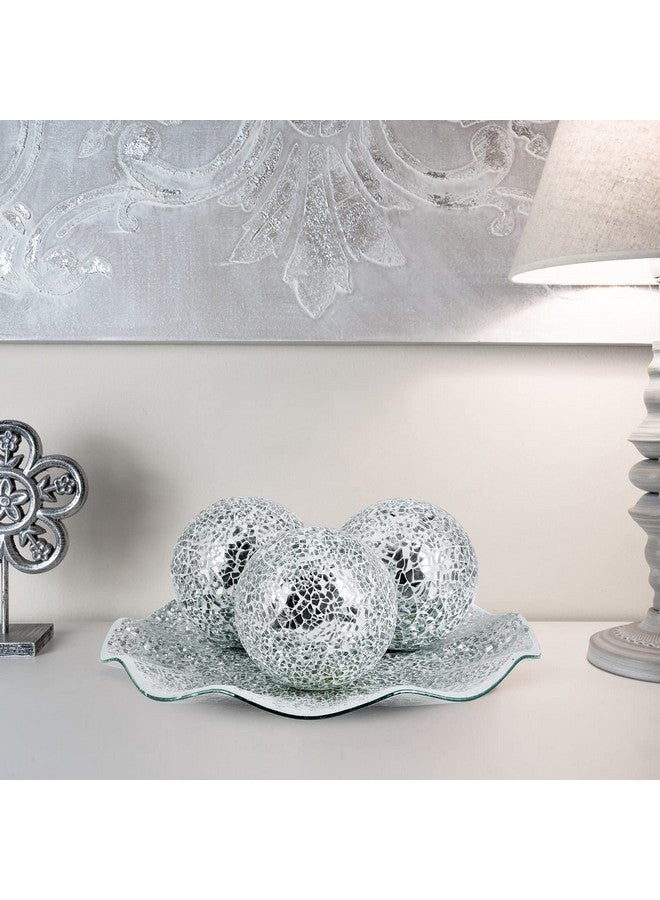 MDLUU Centerpiece Bowl and Balls Set, Mosaic Tray with 3 Pieces Spheres, 12" Decorative Plate with 4" Mosaic Orbs for Home Decor, Gift (Silver) - Image 5