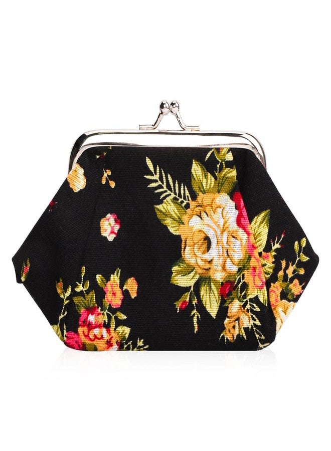 Oyachic Floral Coin Purse,Kiss Lock Wallet for Women,Vintag Coin Purse with Clasp,Black - Image 1
