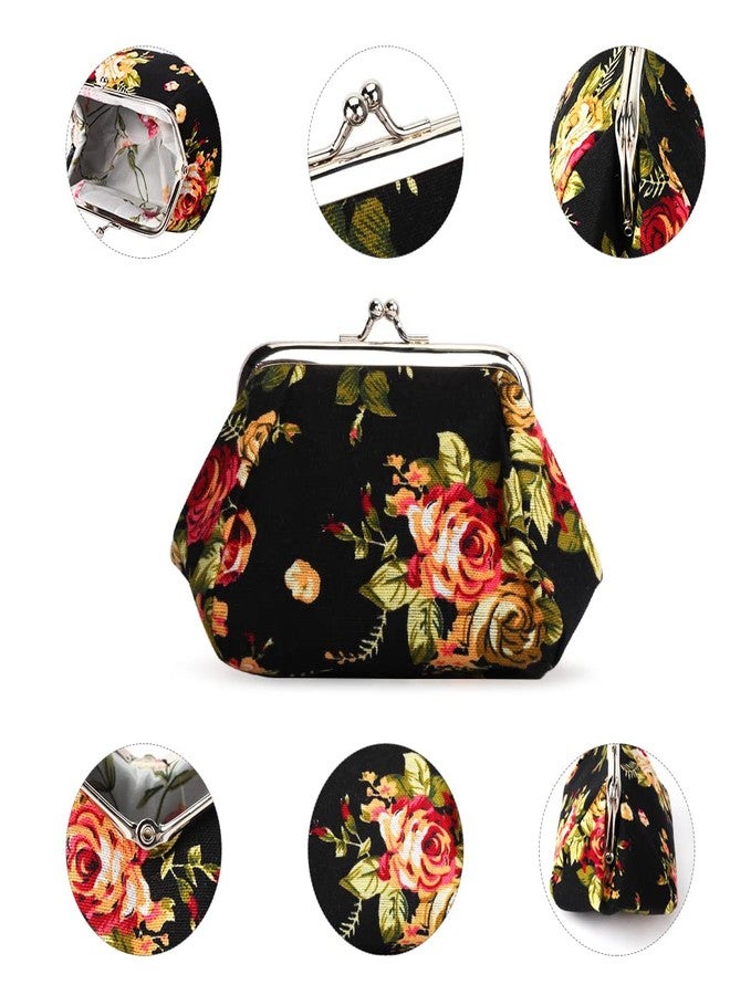 Oyachic Floral Coin Purse,Kiss Lock Wallet for Women,Vintag Coin Purse with Clasp,Black - Image 2