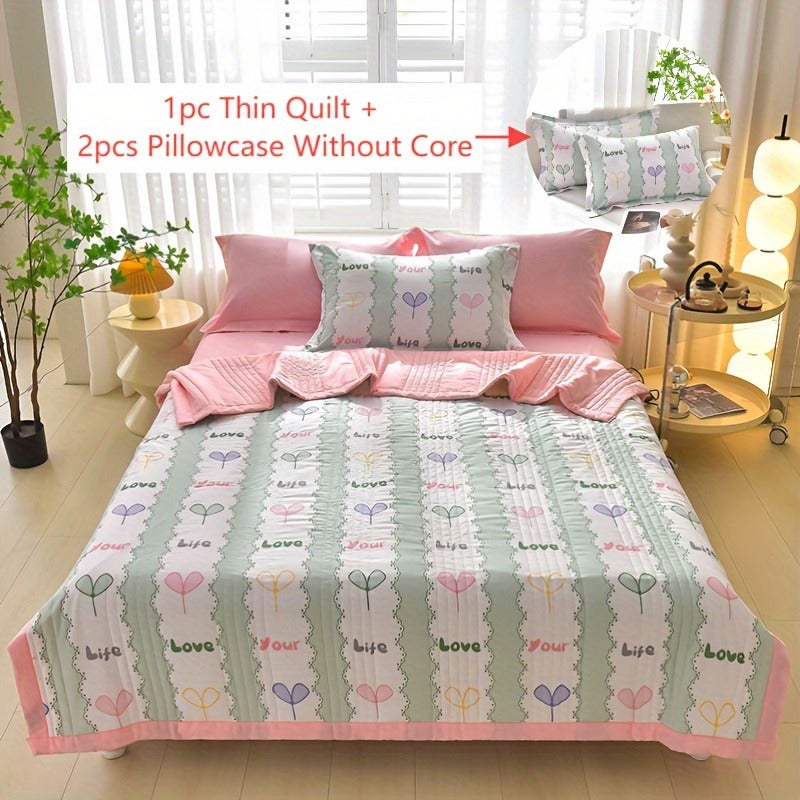 3pcs Skin-Friendly Summer Quilt Thin Quilt Set, Printed Embossed Craft, Soft And Comfortable All-Season Blanket, Single Double Hotel Home Bedroom Guest Room Sofa Special (1pc Thin Quilt And 2pcs Pillowcases Without Core) - Image 1