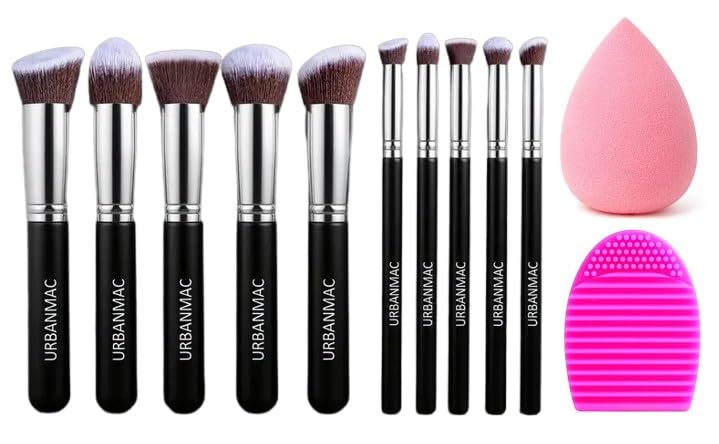 URBANMAC Premium Synthetic Kabuki Foundation Face Powder Blush Eyeshadow Brush Makeup Brush Kit with Blender Sponge and Brush Cleaner (10 pcs, Black/Silver) - Image 1