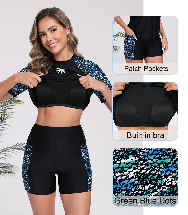 Halcurt Women's Bathing Suits 2 Piece Boy Short Swimsuit Shelf Bra Rash Guard Black L - Image 5