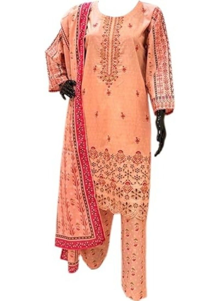 وينشيلز بدلة نسائية باكستانية تقليدية - وردية اللون مع تطريز زهري، طقم من 3 قطع مع دوباتا مطبوعة، مقاس متوسط - Image 1