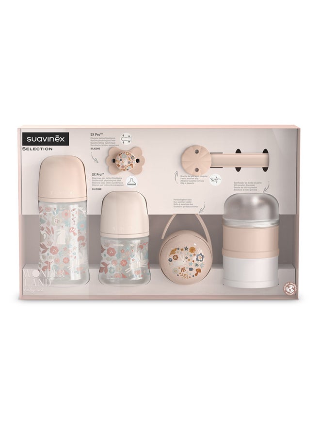 SUAVINEX طقم هدايا ترحيب بالطفل مكون من 5 قطع للمواليد الجدد، زجاجات رضاعة، مصاصة، حامل مصاصة وموزع حليب بودرة - وردي - Image 2