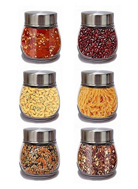 Cloudmart 300ml Oval Shape Spice Glass Jars with Rustproof Steel Airtight Lid, Suitable to use in Your Home Office, Kitchen Storage (300ml) (Set Of 6)