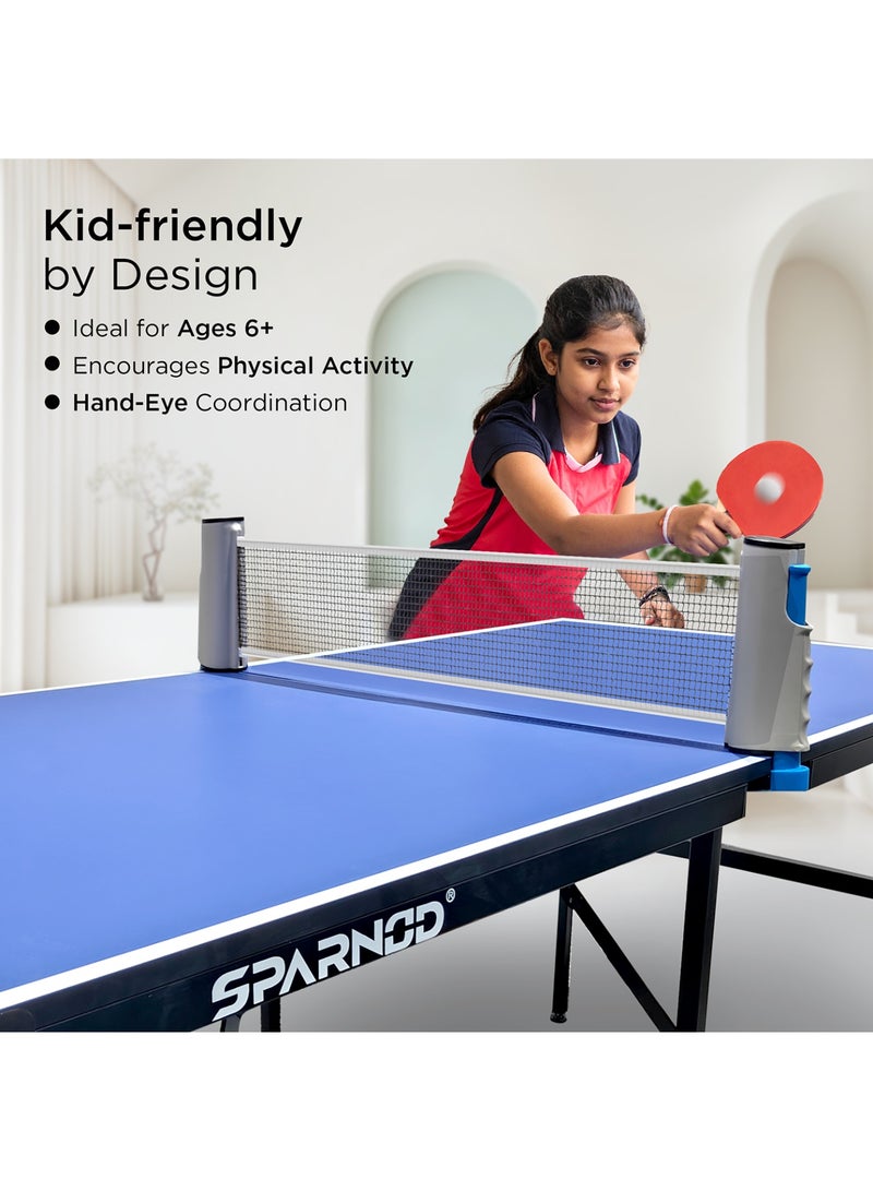 Sparnod Fitness طاولة تنس الطاولة STT-MINI – مجموعة بونغ بونغ قابلة للطي للاعبين 2 للأطفال 6+ للاستخدام الداخلي والخارجي، سطح MDF متين وإطار معدني مدمج، محمول، سهل التجميع - Image 3