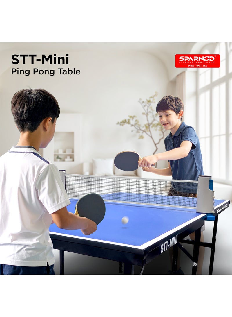 Sparnod Fitness طاولة تنس الطاولة STT-MINI – مجموعة بونغ بونغ قابلة للطي للاعبين 2 للأطفال 6+ للاستخدام الداخلي والخارجي، سطح MDF متين وإطار معدني مدمج، محمول، سهل التجميع - Image 2