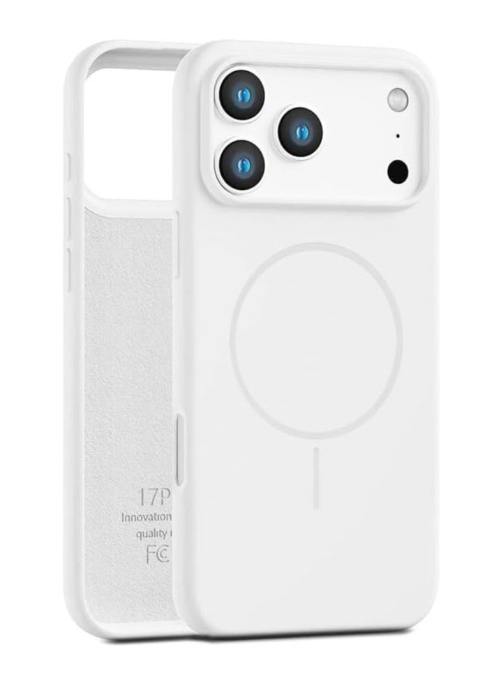 سيليكون غطاء سيليكون مغناطيسي فاخر لهاتف آيفون 17 برو أبيض اللون متوافق مع سلسلة آيفون - مقاوم للصدمات، نحيف، ناعم الملمس، مع دعم الشحن اللاسلكي المغناطيسي - Image 1
