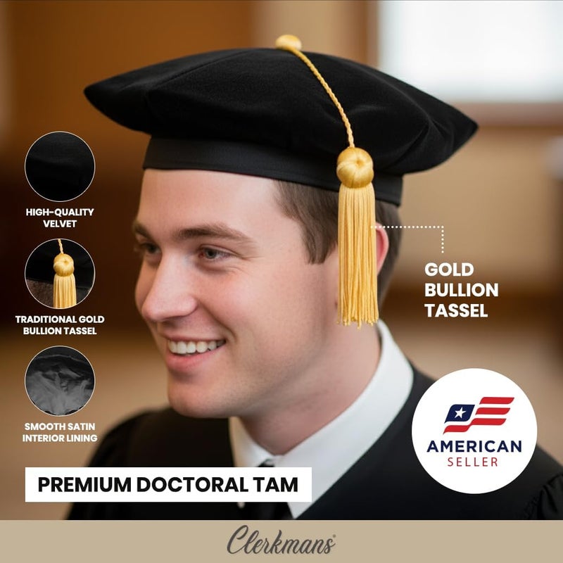 CLERKMANS Doctoral Velvet Graduation Tam – PhD Cap with Gold Bullion Tassel – 4, 6 & 8 Sided Doctorate Hats for Men & Women - Image 2