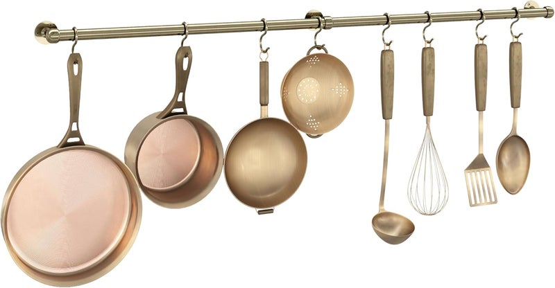 ROTHLEY Hanging Pot Rack Hanger: 39.4 Inch Stainless Steel Pot and Pan Hanger Pot Rack Wall Mounted Hanging Pots and Pans Rack Pot Hangers for Kitchen Wall Kitchen Rail with Hooks (Antique Brass) - Image 1