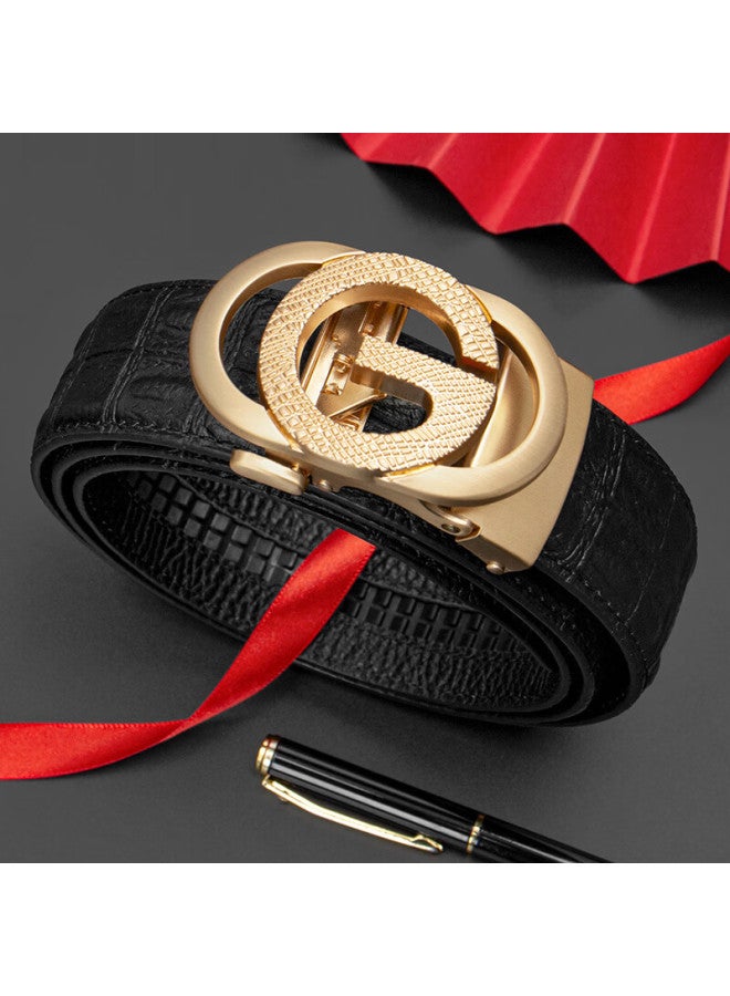 Cow Men's Leather Belt Gift Box Set First Layer Cowhide Casual Crocodile Pattern Automatic Buckle Genuine Leather Belt 901 Gold - Image 1