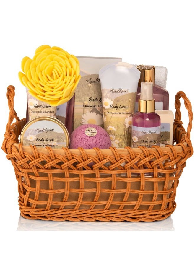 Aqua Elegante - Spa Baskets For Women - Luxury Bath Set With Lavender & Chamomile - Spa Kit Includes Wash, Bubble Bath, Lotion, Bath Salts, Body Scrub, Body Spray, Shower Puff, Bathbombs, Soap and Towel - Image 1
