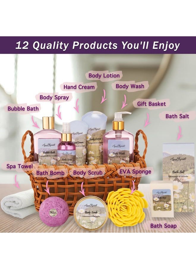 Aqua Elegante - Spa Baskets For Women - Luxury Bath Set With Lavender & Chamomile - Spa Kit Includes Wash, Bubble Bath, Lotion, Bath Salts, Body Scrub, Body Spray, Shower Puff, Bathbombs, Soap and Towel - Image 1