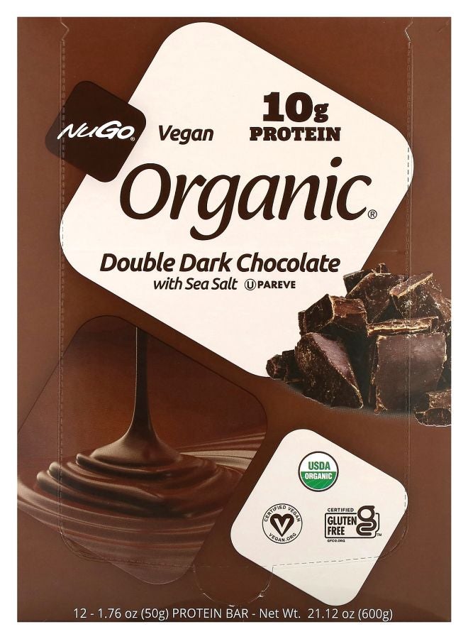 NuGo Organic Protein Bars Double Dark Chocolate with Sea Salt 12 Bars 1.76 oz (50 g) Each