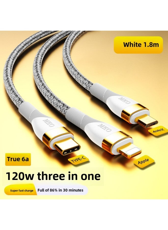 Data Cable Three-in-one Charging Cable 66W Mobile Phone Super Fast Charging 120W One-on-three 6A Suitable For Apple China-Color:White 1.8m  1 Pack - Image 1
