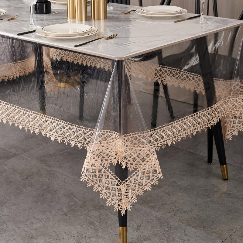 LIBERECOO Clear Vinyl Tablecloth with Stitched Loral Lace Trim, 60 x 108 Waterproof Oilproof Plastic Table Cover with Embroidered Edge Tablecloths Protector - Image 1