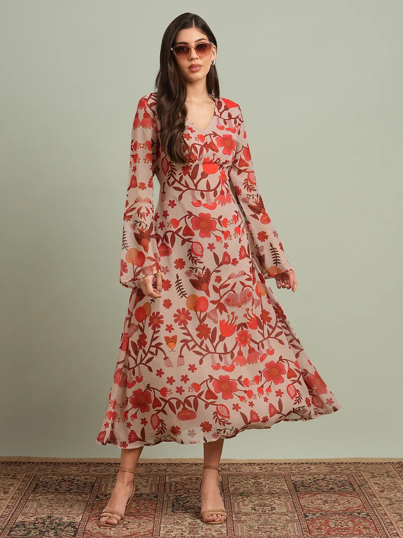 globus Women Red V-Neck Bell Sleeves Floral Print Georgette Midi A-Line Dress