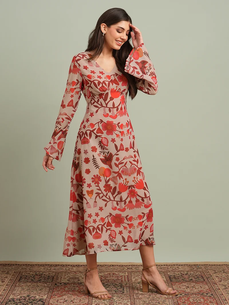 globus Women Red V-Neck Bell Sleeves Floral Print Georgette Midi A-Line Dress