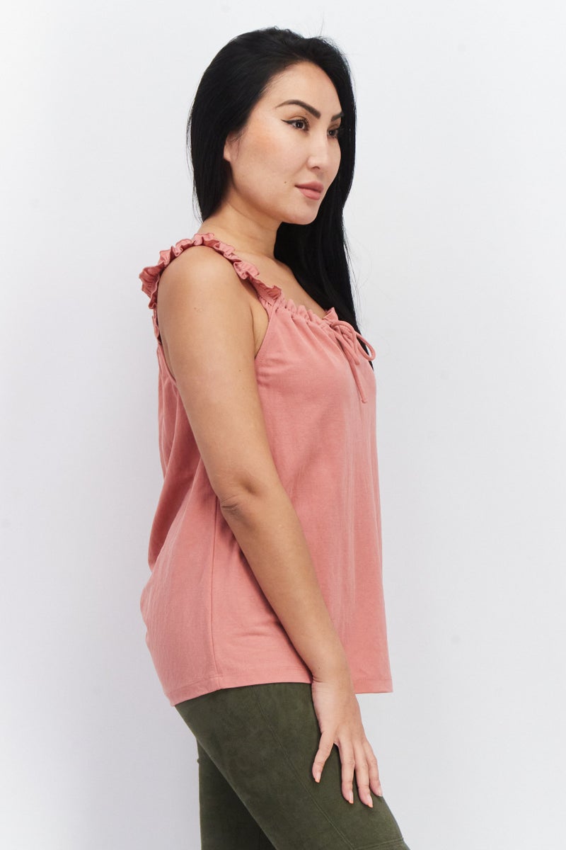 ESPRIT بلوزة نسائية بدون أكمام مع ياقة متموجة، أحمر باهت - Image 2