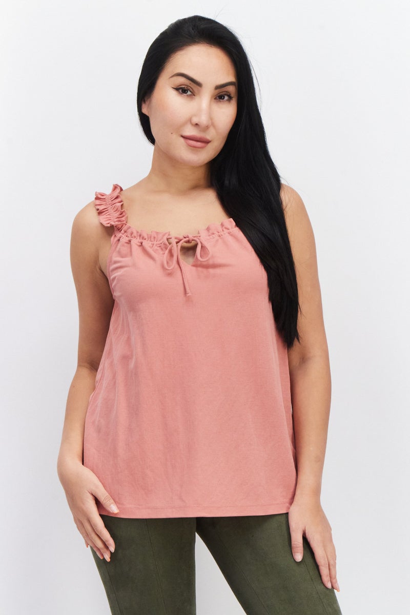 ESPRIT بلوزة نسائية بدون أكمام مع ياقة متموجة، أحمر باهت - Image 1