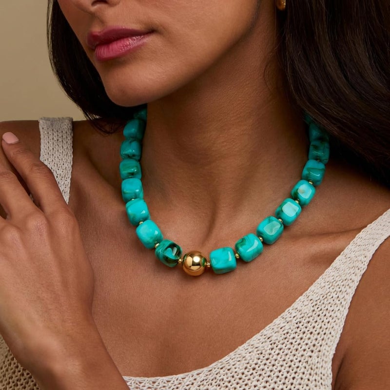 INNERDIVA Chunky Beaded Necklace for Women Big Large Turquoise Bead Choker Necklaces Trendy Summer Beach Beachy Womens Statement Charm Jewelry Boho Colorful Resin Gemstone Necklace Prom Accessories - Image 2